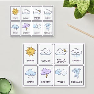Flashcards de Clima para Crianças | PDF Digital para Imprimir | Aprenda Tipos de Clima | Ferramenta para Pré-escola e Ensino Domiciliar | Download Instantâneo
