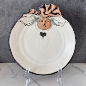 Vintage Handmade Sun Face Decorative Plate Wall Plaque | Signed 1986 Studio Pottery | Folk Art Ceramic Sun | Celestial Primitive Wall Decor