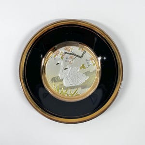 Art of Chokin Japan Plate 6” | Swan Gold Silver Etched Wall Decor | Black Lacquer Gold Trim | Japanese Collectible Plate Asian Style Decor