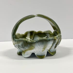 Vintage Green Slag Glass Basket Floral Molded Milk Glass Look Decorative Bowl