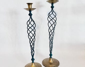 Brass Spiral Candle Holders | Candlestick Holder Pair | 1970s Hollywood Regency Mid Century Decor | Matching Green Candlesticks w/ Patina