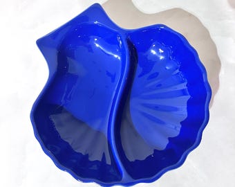 Vintage Appolia France Cobalt Blue Shell Divided Serving Bowl Scallop Dish | Nautical Coastal Decor | Mid Century Modern Kitchenware