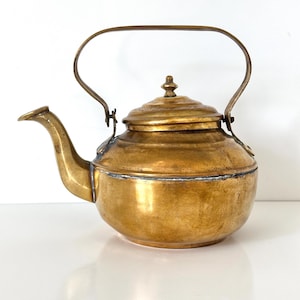 Antique Hand Engraved Brass Tea Kettle with Gooseneck Spout | Victorian Style Teapot Middle Eastern Ottoman Persian Decor 6.5”
