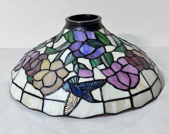Vintage Tiffany Style Stained Glass Lamp Shade | Floral Hummingbird Leaded Glass Dome Shade | Colorful Victorian Decor | Antique Style