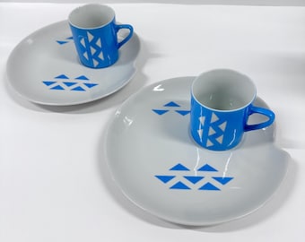 Vintage Jonas Roberts Atomic Grid Snack Set | Mid Century Modern Blue White Cup & Plate Set | Atomic Era 1950s MCM Tableware