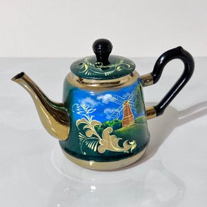 Vintage Russian Hand Painted Teapot with Windmill Scene | Enamel Decorative Tea Pot | Blue Green Gold Collectible | Folk Art Decor