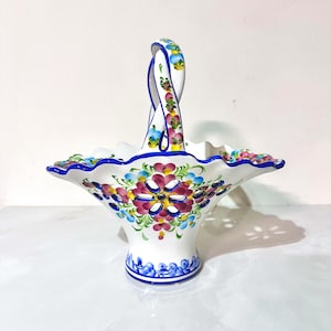 Vintage Floral Ceramic Basket Vase with Handle | Jay Willfred for Andrea by Sadek | Hand Painted in Portugal Decorative Cottagecore Planter