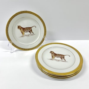 Gold Buffet Royal Gallery Tiger Plates | Set of 5 | Gold and White Porcelain, Never Used | Exotic Wildlife Safari Animal Plates | VTG 2000