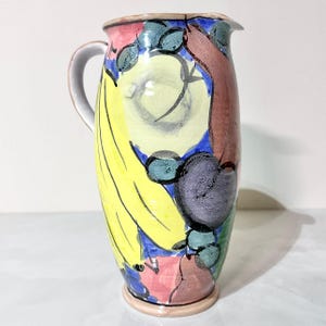 Vintage Shin Ji Ceramics Pitcher | Hand Painted Art Pottery Vase | Boulder Colorado USA Made Studio Pottery | Colorful Fruit Decor