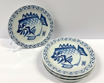 Set of 4 Vintage Japanese Blue & White Porcelain 8.5” Plates with Stylized Fish – Sushi, Appetizer, Salad, or Decorative Ceramic Dishes