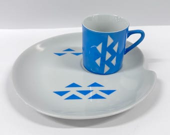 Vintage Jonas Roberts Atomic Grid Snack Set | Mid Century Modern Blue White Cup & Plate Set | Atomic Era 1950s MCM Tableware