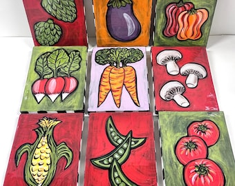 Set of 9 Hand Painted Vegetable Wall Art | 8x6 Signed Panels Farmhouse Kitchen Decor Garden Veggie Artwork | Ready to Hang Wood Paintings