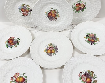 Set of 8 Spode Copeland S.2280 Plates | 9” Made in England | Vintage Floral Fruit Embossed Rim Dinnerware | English Country China