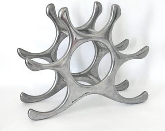 Vintage 6 Bottle Aluminum Wine Rack | Mid Century Modern Space Age Atomic Sculptural Bar Decor