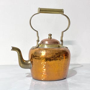Vintage Hammered Copper Tea Kettle with Brass Accents | Rustic Farmhouse Decor French Country Kitchen Accent Copper Pot