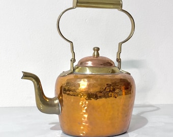 Vintage Hammered Copper Tea Kettle with Brass Accents | Rustic Farmhouse Decor French Country Kitchen Accent Copper Pot