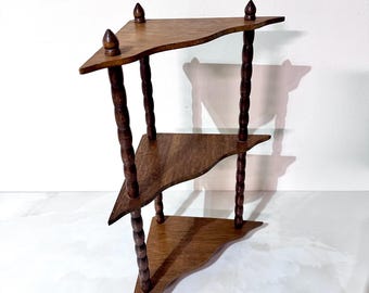 Vintage 3 Tier Wooden Corner Shelf with Turned Spindles | Rustic Farmhouse Curio Display Shelf | Hanging Tabletop Wood Corner Whatnot Shelf
