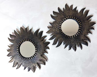 Sunburst Mirrors Set of 2 Vintage Style | Bronze Metal Floral Wall Decor | 10 Inch Round Accent Mirrors | Boho Mid Century Modern Wall Art