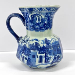 Victoria Ironstone Blue and White Transferware Style Pitcher | Vintage Farmhouse Decor Jug | English Cottage Style | Scenic Vase Accent