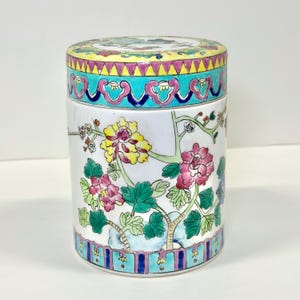 Vintage Chinese Porcelain Lidded Jar | 6” Tall Floral Famille Rose Style | Marked PRC | Tea Caddy Jar | Mid Century Oriental Decor