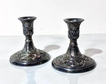 Antique William Rogers (WM Rogers) Silverplate Candlestick Pair Victorian Floral Art Nouveau Ornate Vintage Silver Candle Holders Home Decor