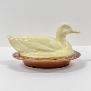 Vintage Yellow Ceramic Duck On Nest | Covered Dish with Brown Base | Farmhouse Kitchen Decor, Cottagecore, Country Serving Bowl 7” x 4”