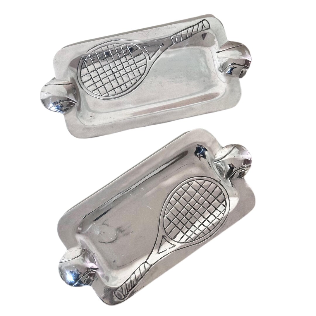Set of 2 Vintage Pewter Serving Trays With Handles | Tennis Racket ...