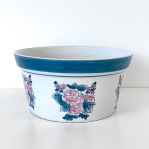 Vintage Chinese Porcelain Peony Planter Pot | Blue Rim Floral Cache Pot | Chinoiserie Ceramic Planter | AAA Imports Decor