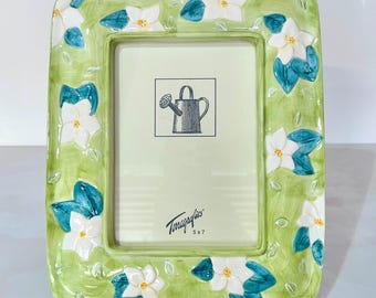 Vintage 1995 Terragrafics Floral Picture Frame | 5x7 Green Ceramic Daisy Frame | Cottagecore Farmhouse Decor | Spring Garden Photo Frame
