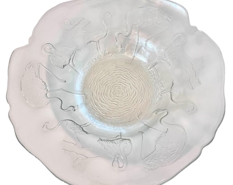Vintage Arcoroc France Frosted Satin Glass Flamingo Centerpiece Bowl | 14 Inch Scalloped Setving Bowl Bird Motif Art Glass Fruit Bowl