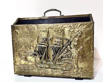 Vintage Brass Magazine Rack | Nautical Sailing Ship Decor | Embossed Repousse Brass | Newspaper Holder | English Vintage Home Decor