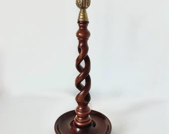 Vintage English Oak Barley Twist Candle Holder | Brass Thistle Candlestick | Victorian Jacobean Rustic Gothic Cottage Decor