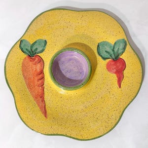 Handmade Italian Ceramic Chip and Dip Platter | 14.25” Vegetable Serving Tray | Carrot Radish Farmhouse Kitchen | Entertaining Decor