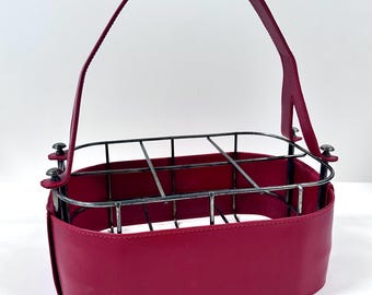 Vintage Red Leather & Metal Wine Caddy Bottle Holder | Retro Bar Cart Decor | Mid-Century Modern Cocktail Accessory | Man Cave Gift