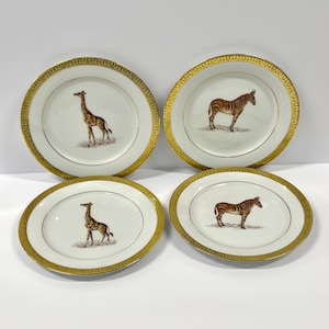 Gold Buffet Royal Gallery Zebra Giraffe Plates | Set of 4 | Gold and White Porcelain | Exotic Wildlife Safari Animal Plates | Vintage 2000