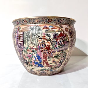 Vintage Fish Bowl Planter Satsuma Style | Hand Painted Geisha Scene Asian Jardiniere Decor Crackle Glaze w/ Raised Enamel Accents