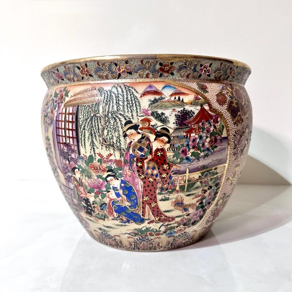 Vintage Fish Bowl Planter Satsuma Style | Hand Painted Geisha Scene Asian Jardiniere Decor Crackle Glaze w/ Raised Enamel Accents