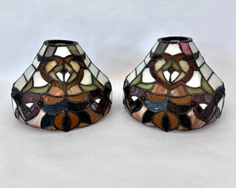Tiffany Style Leaded Glass Lamp Shades Set of 2 | Art Deco Pendant Lights | Amber Ivory Green Slag Glass | Jeweled Stained Glass Lighting