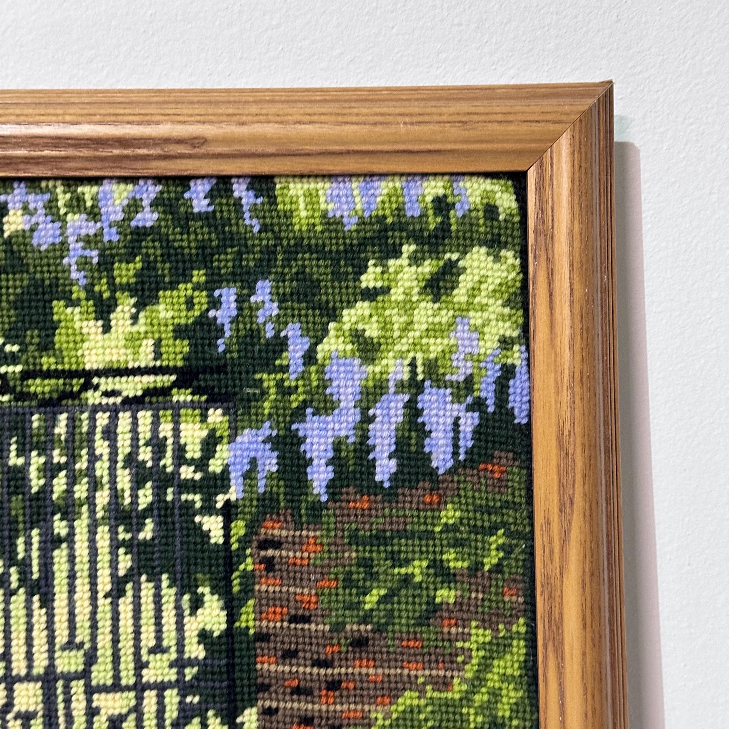 Vintage Needlepoint Wall Art Framed | Secret Garden Gate Floral Scene ...