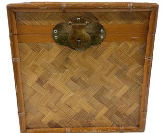 Bamboo Wicker Storage Chest Box with Brass Latch and Handles | Hereingbone Design | 14” Decorative Storage Trunk | Mid Century Decor