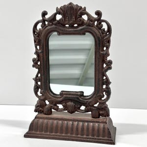 Vintage Ornate Cast Iron Mirror | 9.5” Tabletop Vanity Mirror | Antique Style Scroll Frame | Gothic, Victorian, French Decor | Rare Find