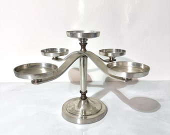 Restoration Hardware Silver 5 Pillar Candle Holder | Modern Candelabra Centerpiece Decor | Silver Toned Glam Style | Small Plate Plant Stand