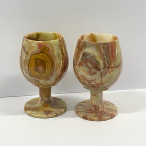 Pair of Hand-Carved Onyx Stone Goblets | Natural Marbled Wine Glasses | Stone Chalice Cups | Earthy Boho Decor | Unique Drinkware Set