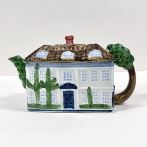 Vintage Ceramic House Teapot | Hand Painted Home Shaped Pottery | Cottage Style Kitchen Decor, Whimsical Architectural Collectible Tea Pot