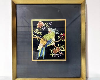 Vintage Crewel Embroidery Bird Wall Art Framed Textile Art Mid Century Gold Frame Nature Decor Boho Cottagecore Wall Hanging