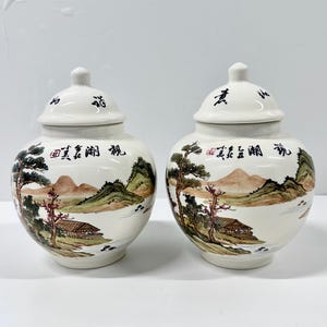 Vintage Hand Painted Porcelain Ginger Jars with Lids | Chinese Landscape Scene | 8” Tall Chinoiserie Asian Home Decor | Oriental Decor