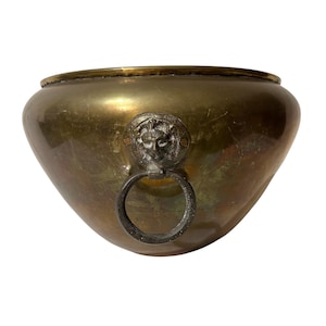Vintage Large Brass Jardiniere Planter Bowl with Lion Ring Handles | Hollywood Regency Cache Pot | Rustic Decor | 15”