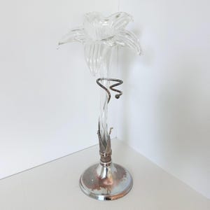 May include: A clear glass flower-shaped vase with a long, slender stem. The base is made of polished silver-toned metal with a circular foot. A decorative silver-toned metal spiral accent wraps around the middle of the glass stem.
