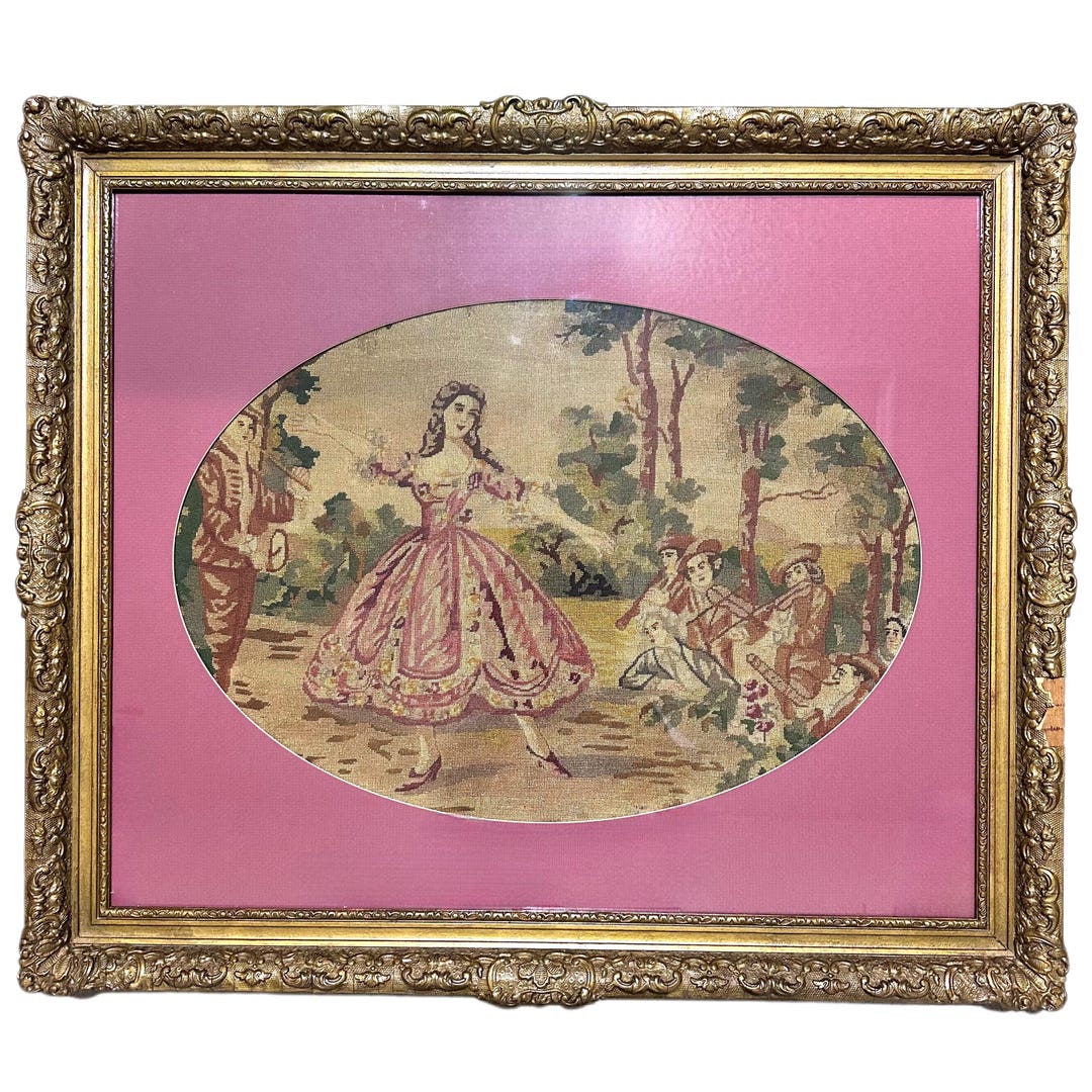 Vintage Framed Needlepoint Tapestry | Victorian Lady Romantic Scene ...