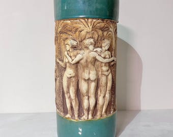 Vintage Daughters of Zeus Umbrella Stand | Greek Mythology Art Pottery Vase | Tall Floor Vase | Turquoise Relief Entryway Decor